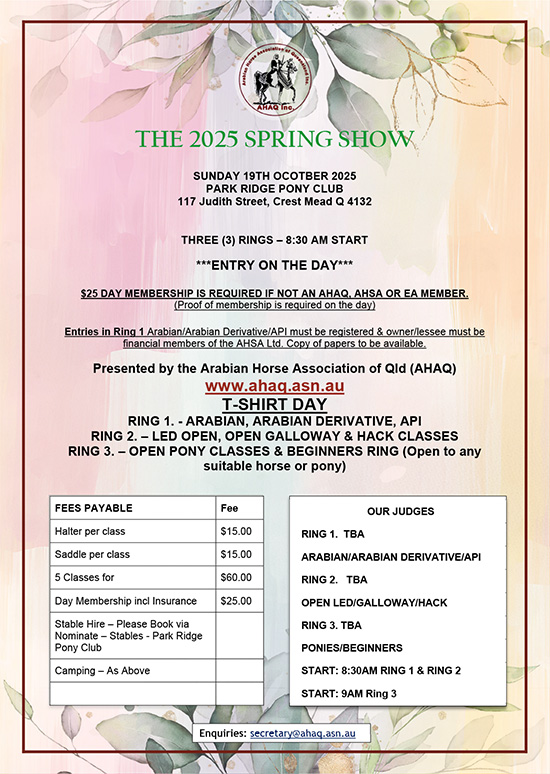 2025 AHAQ Spring Show T-Shirt Hack Day Park Ridge Pony Club Grounds information.